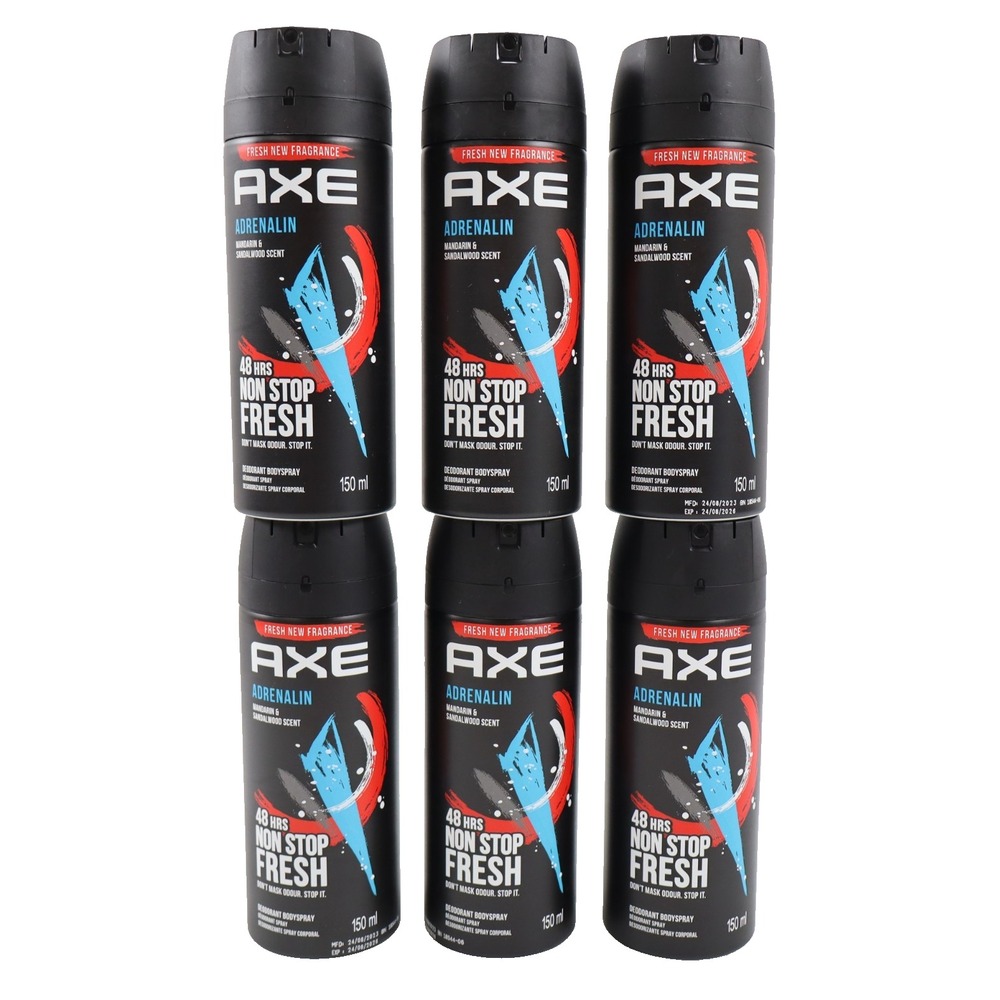 6 PACK AXE Adrenalin Deodorant Body Spray 48H Fresh All Day Protection, 150ml Ea